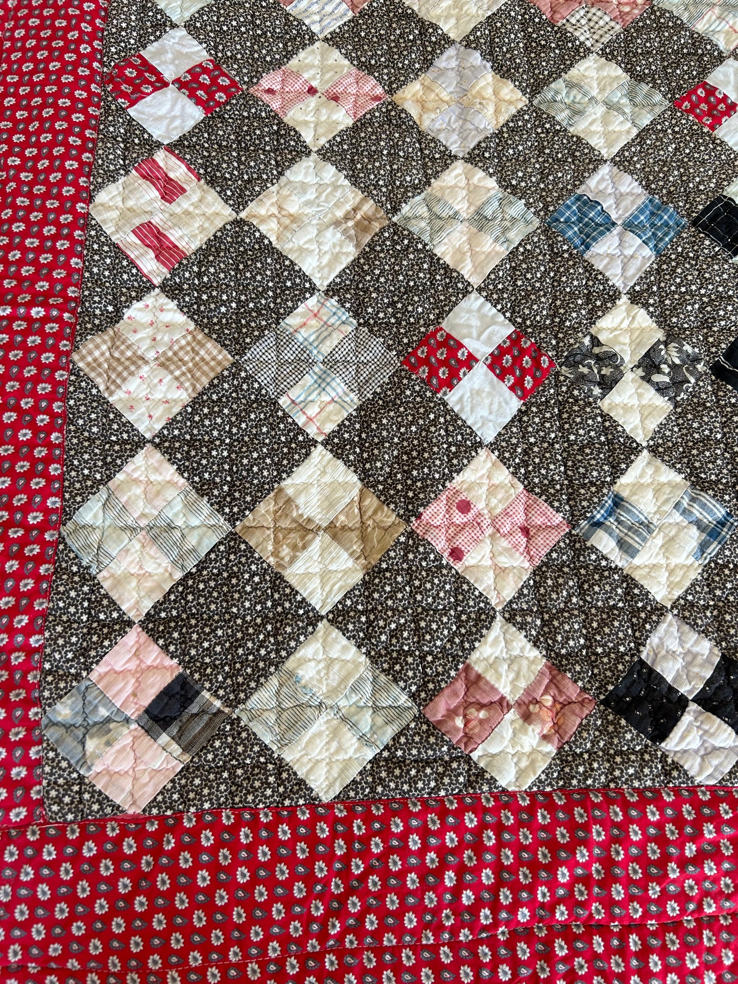 Antique Black + Red 4 Patch Quilt | 1800s