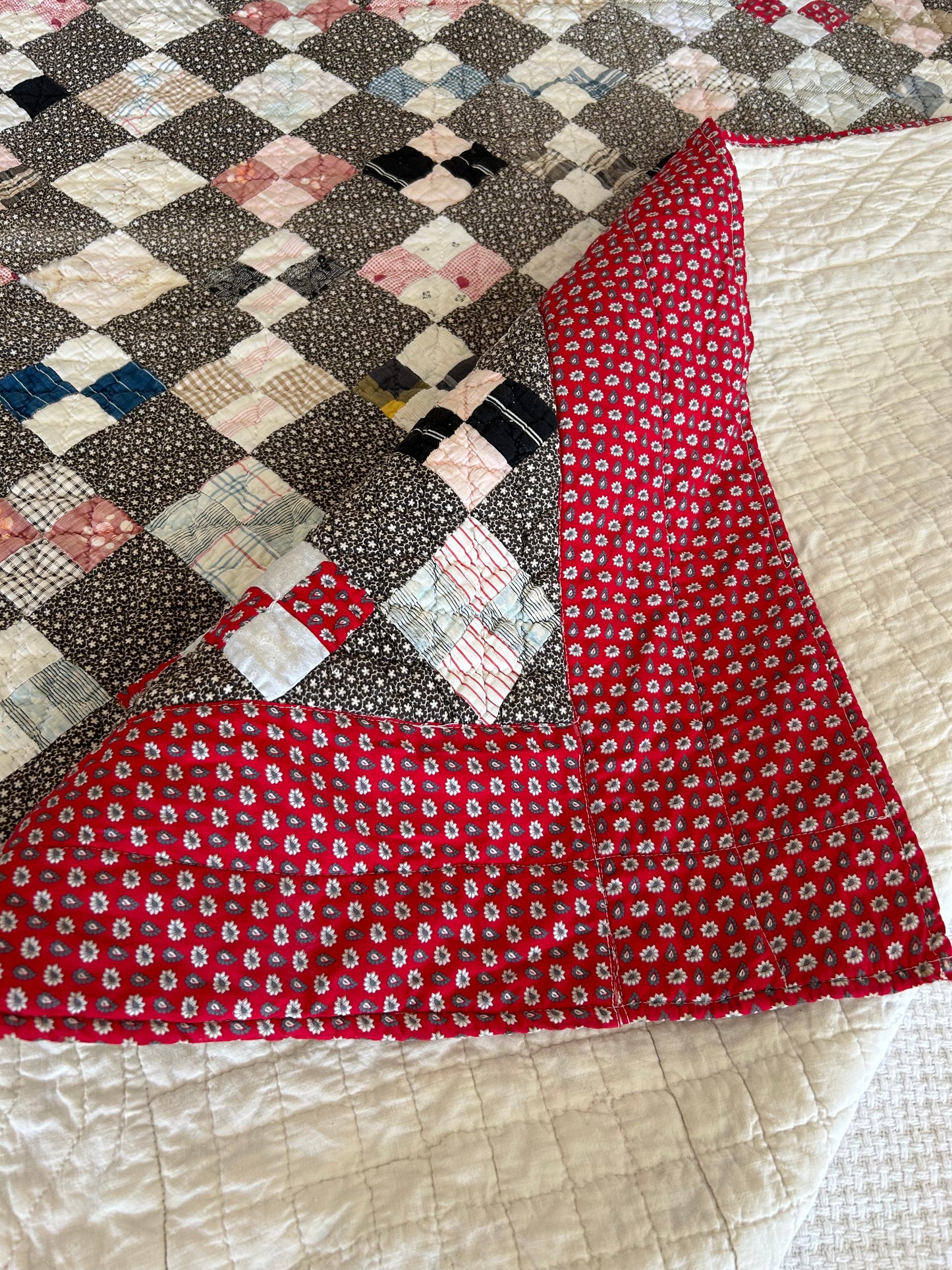 Antique Black + Red 4 Patch Quilt | 1800s