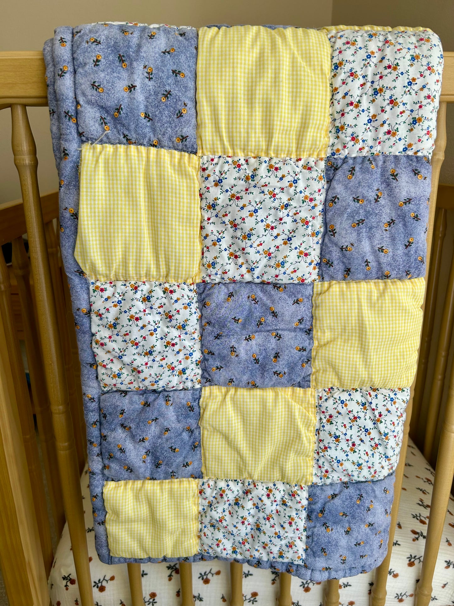 Yellow Gingham & Floral Crib Quilt | 1990s