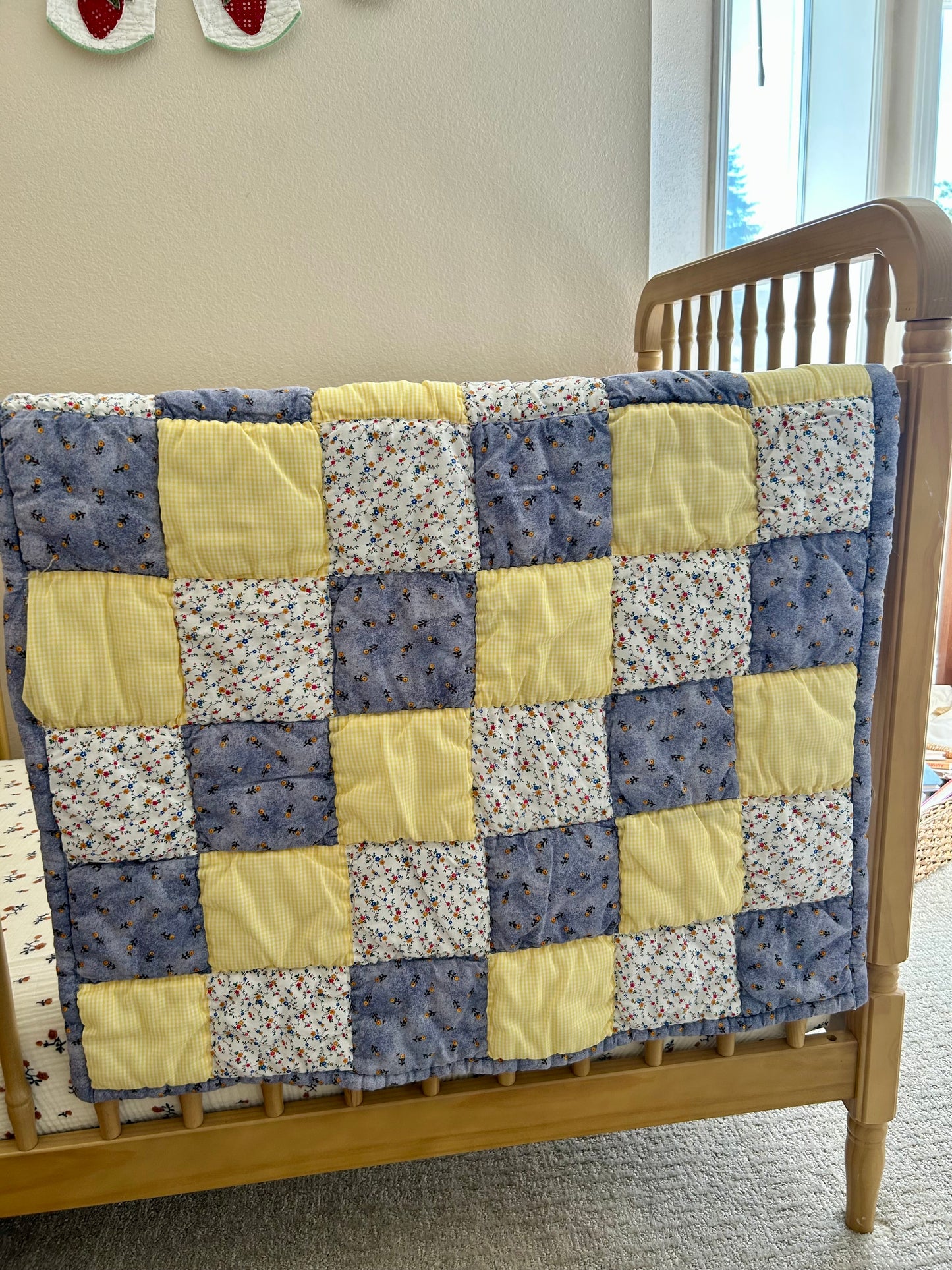 Yellow Gingham & Floral Crib Quilt | 1990s