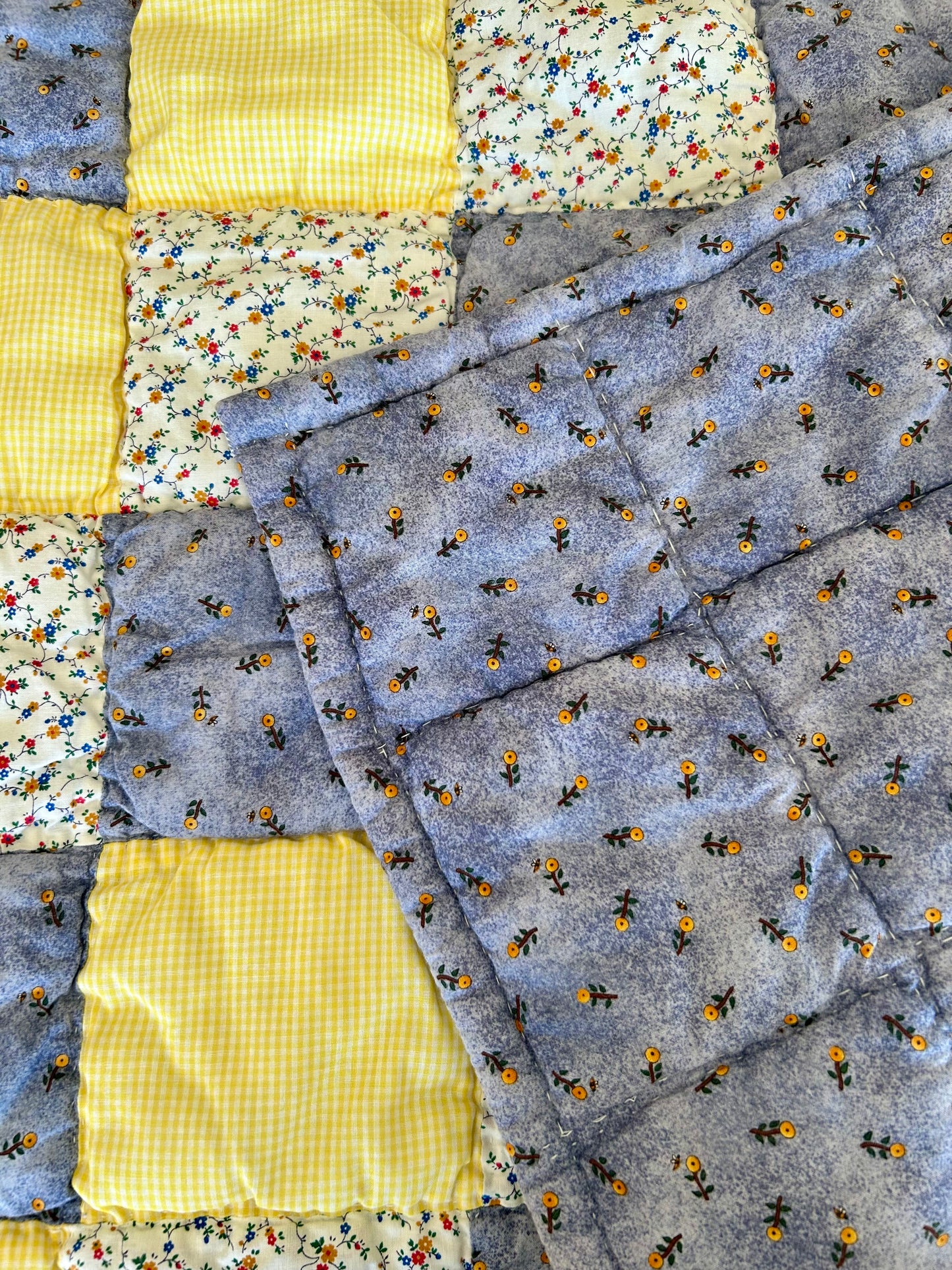 Yellow Gingham & Floral Crib Quilt | 1990s