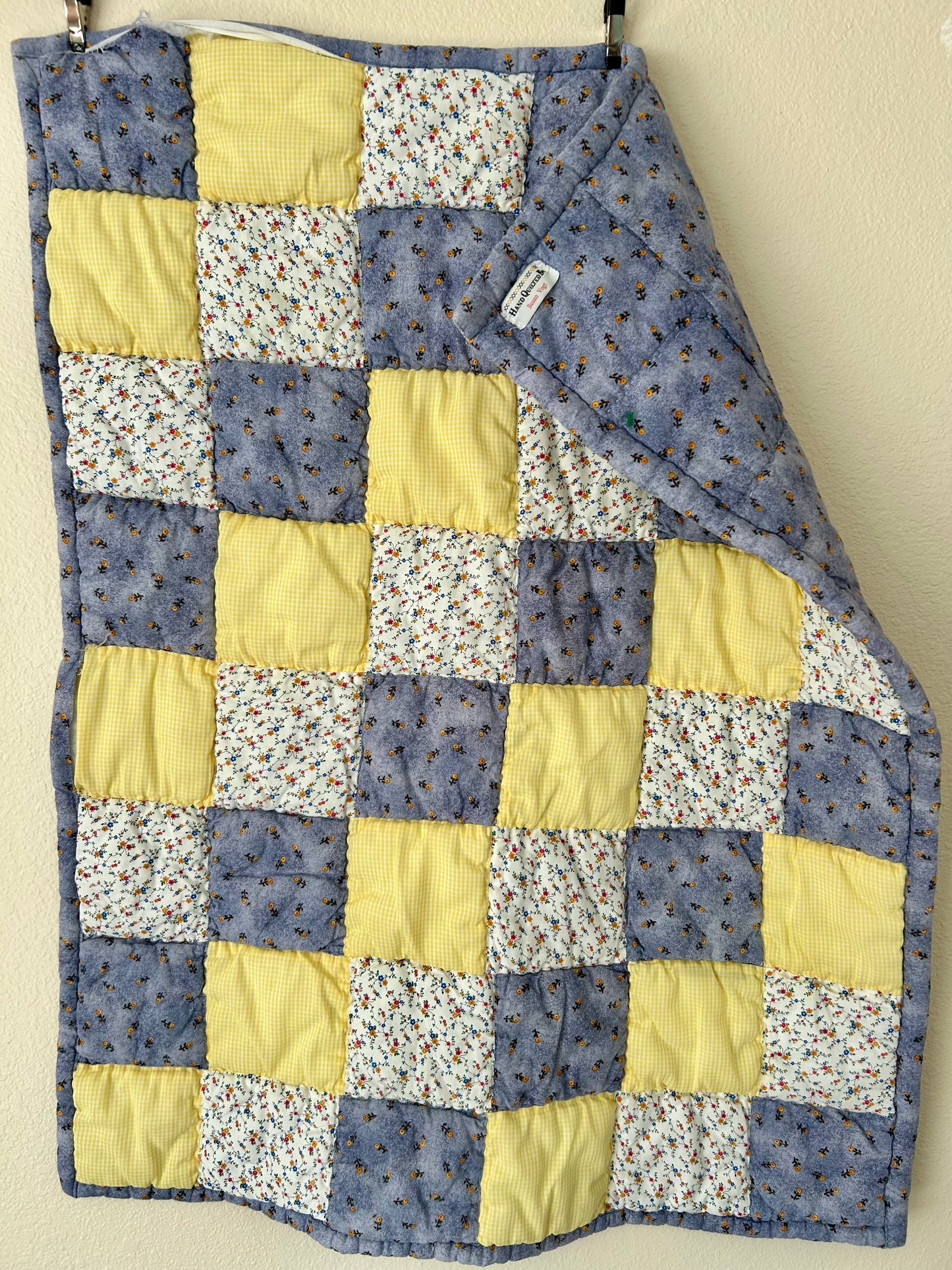 Yellow Gingham & Floral Crib Quilt | 1990s
