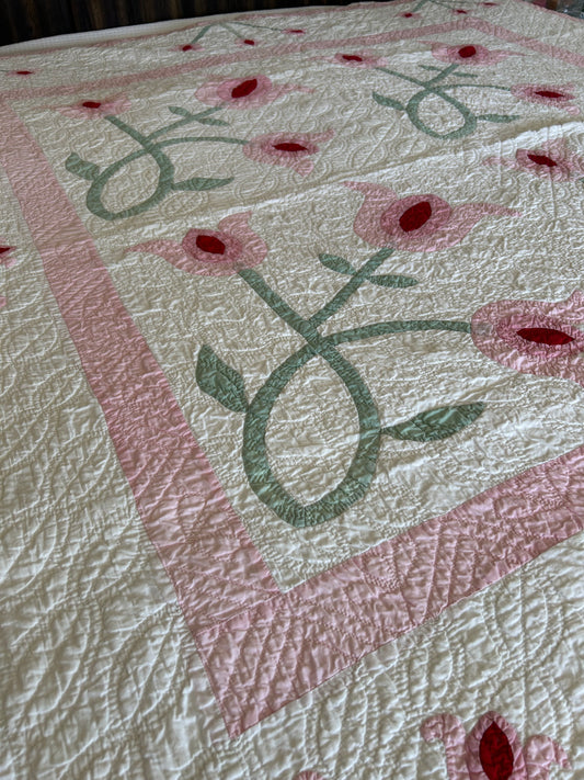 Vintage Pink Tulip Appliqué Quilt
