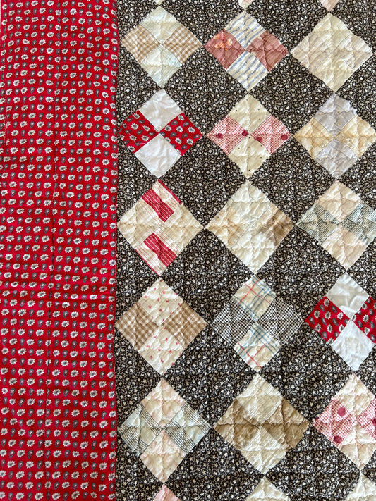 Antique Black + Red 4 Patch Quilt | 1800s
