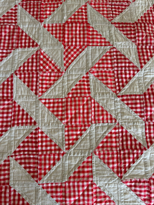 Khaki Gingham Pinwheel Picnic Quilt | 1950s