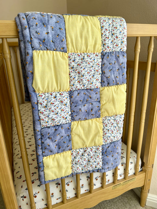 Yellow Gingham & Floral Crib Quilt | 1990s