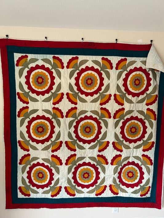 Red Cheddar Quilt | Vintage, 82x82, Hand-Stitched with Vibrant Colors