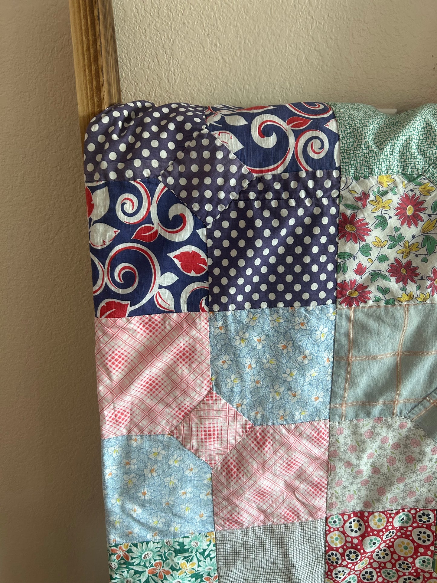 Feedsack Bow Tie Quilt | 1950s | Blue Binding | 82x68 | Twin/Throw