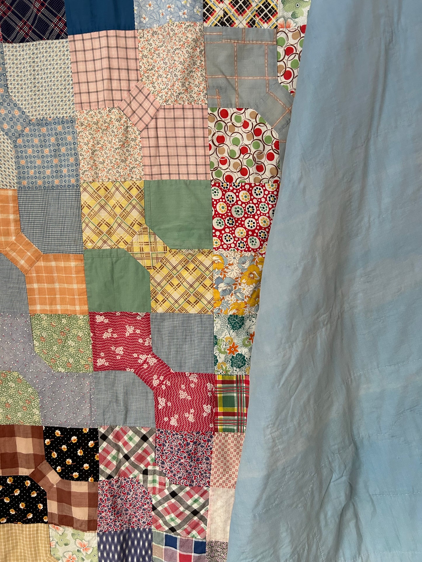 Feedsack Bow Tie Quilt | 1950s | Blue Binding | 82x68 | Twin/Throw