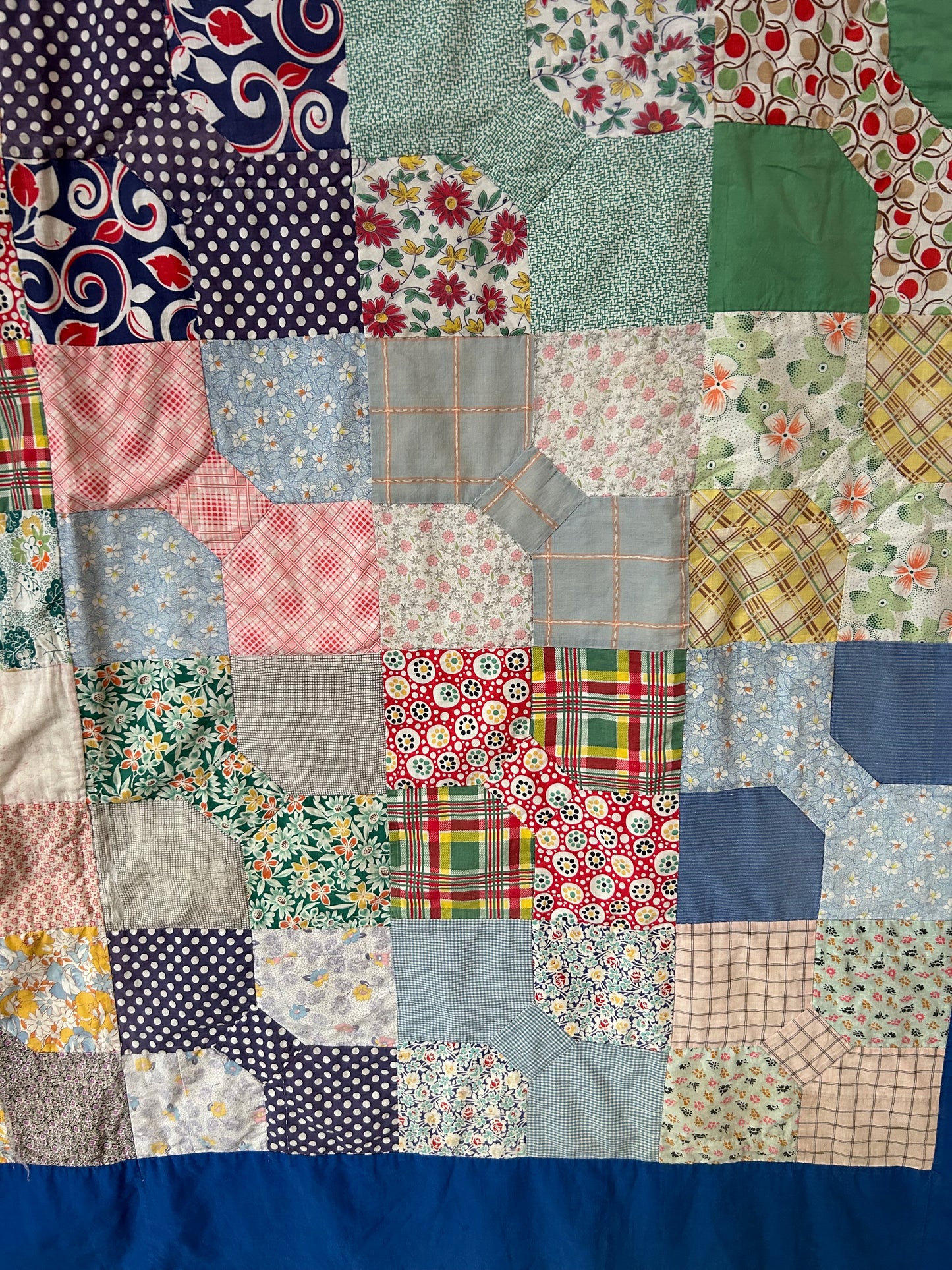 Feedsack Bow Tie Quilt | 1950s | Blue Binding | 82x68 | Twin/Throw