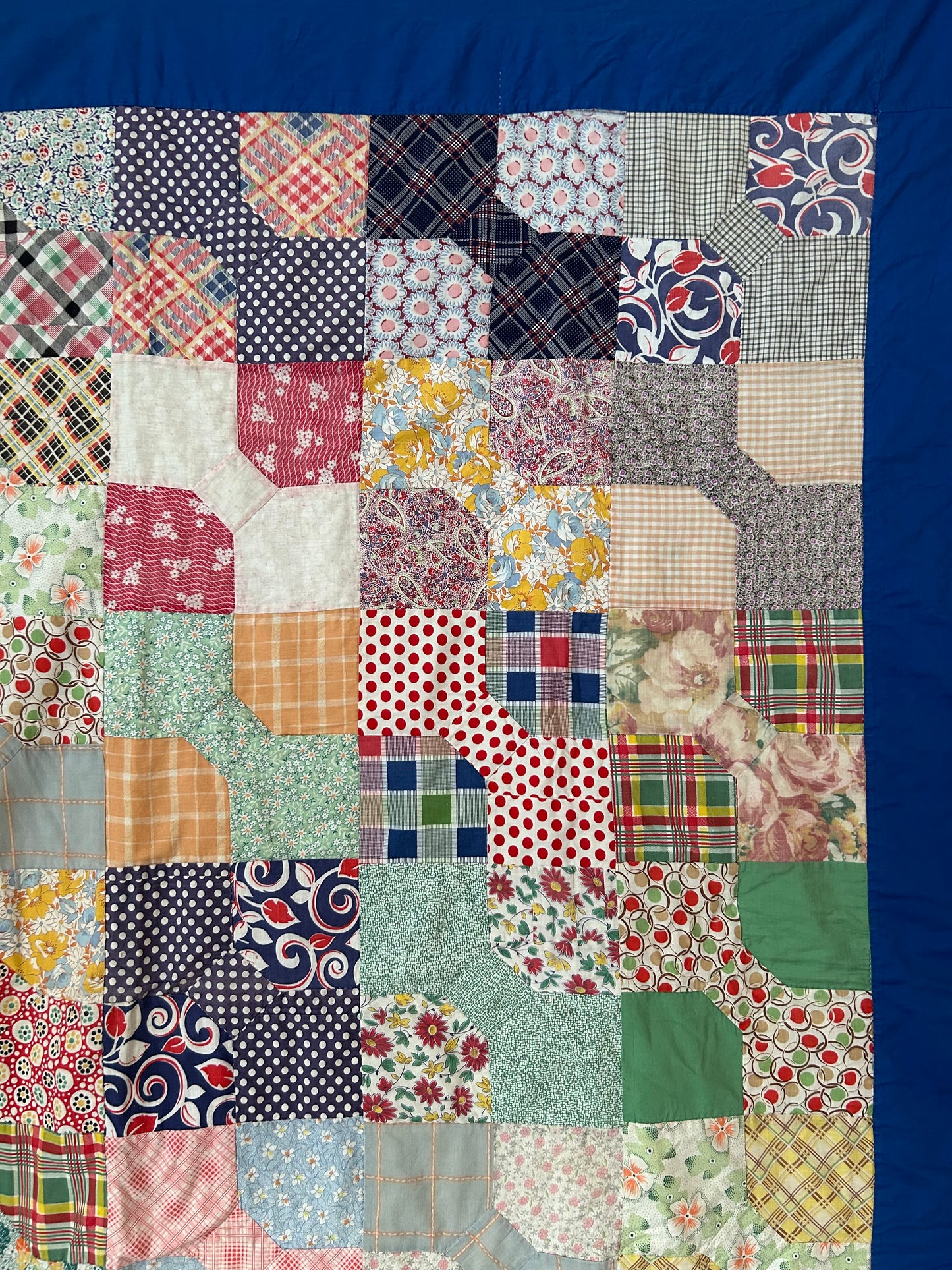 Feedsack Bow Tie Quilt | 1950s | Blue Binding | 82x68 | Twin/Throw