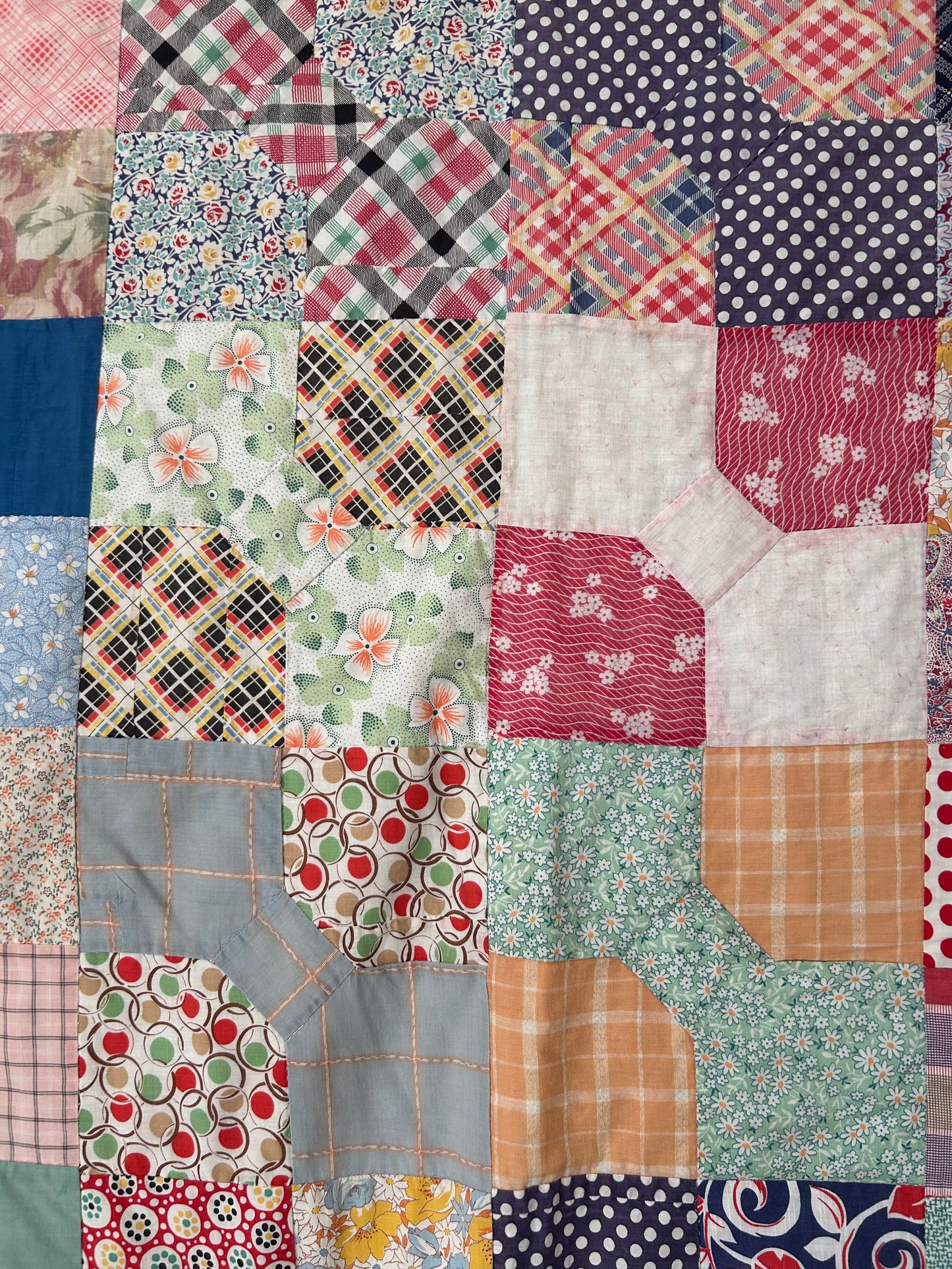 Feedsack Bow Tie Quilt | 1950s | Blue Binding | 82x68 | Twin/Throw